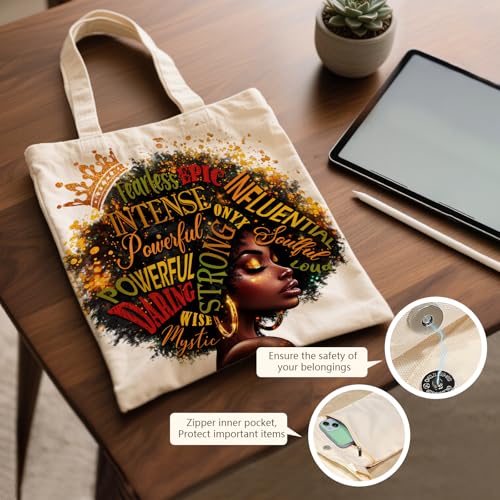 Aesthetic Canvas Tote Bag for Women - with Magnetic Snap Closure & Zipper Inner Pocket Reusable Totes Bag - color: African Girl1