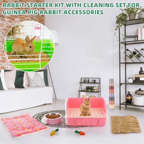 34 Pcs Rabbit Starter Kit Rabbit Litter Box Small Animal Water Bottle Cups Bunny Tunnels Animal Grooming Kit Bowl Blanket with Cleaning Set for Guinea Pig Bunny(Style 1,Light Pink) - color: Light Pink, style: Style 1