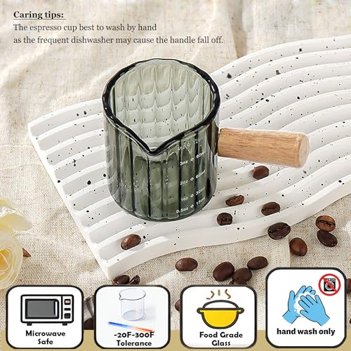 Espresso Cups Set of 2, 4 OZ Espresso Shot Glasses with Wood Handle, Gray | V-Shaped Spouts, Ribbed Milk Frothing Pitcher, Small Glass Measuring Cup, Demitasse Cups, Coffee Espresso Accessories - color: Gray
