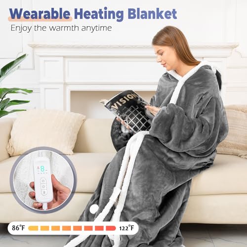 Wearable Heated Blanket with Foot Pocket, Electric Wearable Throw Blanket with Sleeves, Hood, Portable Heated Blanket with 8 Heat Settings, 1-10 Hours Auto Shut-off, Gift for Family, Friends, 50*70" - color: Light Gray