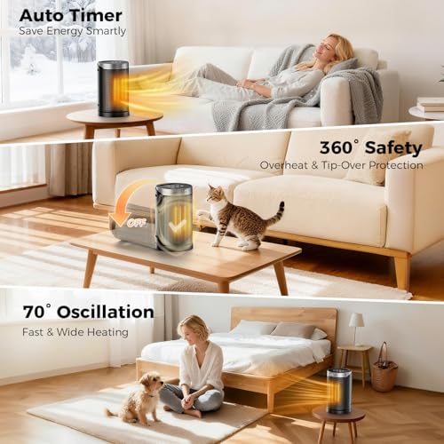 1500W Space Heater for Indoor Use, Portable PTC Ceramic Heater with 70° Oscillation, Remote Control, 1–12H Timer, Quiet Electric Heater with Overheat & Tip-Over Protection for Bedroom and Office - size: 9.9" / 70° Oscillation