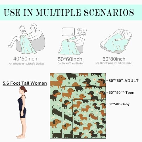 Cute Dachshund Dog Fleece Blanket,50x60in,Playful Wiener Dogs Glasses Bones Flower Mint Green Throw Blankets,Soft Cozy Lightweight, Ideal for Bed Living Room Home Whimsical Pet Decor,Gifts - color: Dachshund, size: 50x60 Inch