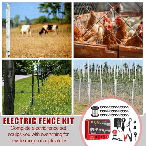 15.5J Electric Fence Charger Kit, 30 Mile 110VAC Plug-in Fence Charger with 50 Black Insulators, Socket Tool, 250 ft Aluminum Wire for Farm Fencing, Pasture Boundary Setup