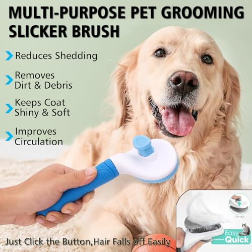 3PCS Dog Grooming Brush - Dog Brush for Shedding Massaging Bathing - Double Sided Shedding, Dematting Undercoat Rake - Self Cleaning Slicker Comb for Dogs and Cats with Long or Short Coats - color: Blue-3Pcs