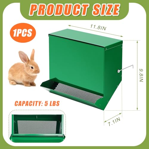 No-Waste Metal Rabbit Feeder for Cages, Large Hanging Food Dispenser with Mesh Bottom & Lid, Holds 5lb Feed for Several Days, Bunny & Small Pets