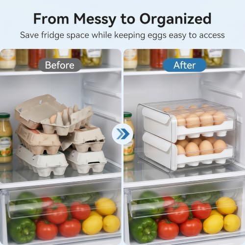 2 Tier Egg Holder for Fridge, Pull Out Egg Organizer for Refrigerator, Double Layer Egg Container for Refrigerator