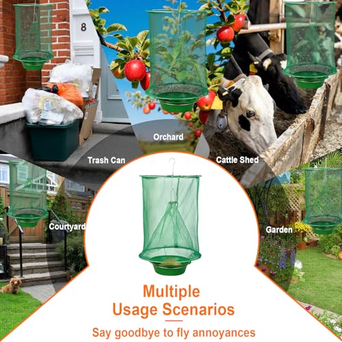 Reusable Ranch Fly Traps Outdoor Hanging Fly Cage-6 Pack | Fly Catcher with Bait Tray, Fly Catcher Killer Hunter Cage Control, Farm Horse Stable Fly Trap for Orchard Barn Garden - size: 6 pack