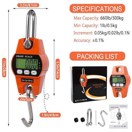 660lb/300kg Digital Crane Scale - Compact LCD Handheld Hanging Scale for Garage, Farm, Hunting, Fishing & More(300kg/Plastic/Orange) - color: 300kg/Plastic Shell/Orange
