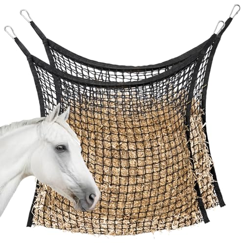 Slow Feed Hay Nets for Horses, Large Capacity Hay Bags, 2 Pack | 35 x 31 in, includes 4 carabiners,black, heavy duty hay feeder for horses and goats, easy to hang in stalls and trailers - size: 2PCS