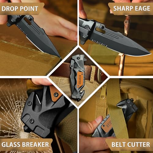 NedFoss Pocket Folding Knife Gift for Men DA75, 3 in 1 Pocket Knife for Men | 3.9” Serrated Blade, Survival Knife with Liner-Lock Belt Clip, Seat Belt Cutter, Glass Breaker, Tacical Gear, Hunting knife - color: Black-Serrated Blade