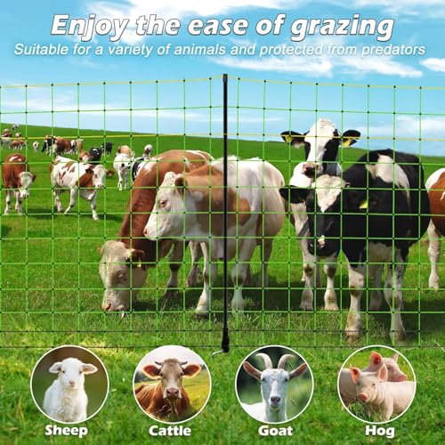 Electric Fence Netting, 35.4" x 164' Portable Electric Net Fence for Goats, Sheep, Lambs, Hogs in Backyards, Farms, Ranches, Homesteads and Gardens,(14 Posts, 2 Spikes,Green) - size: 35.4" x 164'