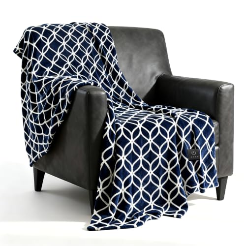 Heated Throw Blanket with Built-in Button Controller 50"x60" Electric Blanket with Soft Flannel Sherpa Fleece 4 Heat Settings 4-Hour Auto Shut Off Overheat Protection for Couch Bed and Office - color: Navy White, size: Throw