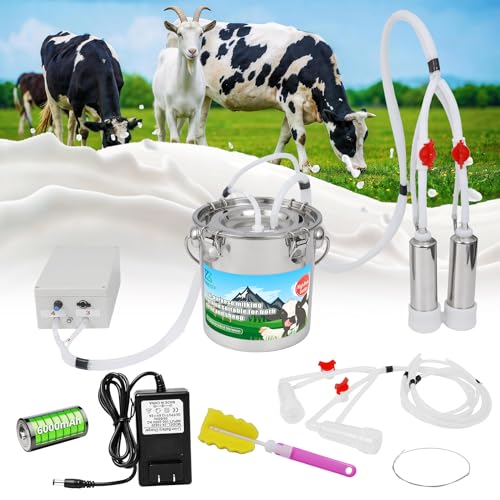 2-in-1 Upgrade 1.3Gal/5L Portable Electric Milker, Milking Machine for Cows and Goats with Food-Grade Stainless Steel Bucket, 4 Teat Cups and Pulsation Vacuum System for Farm, Ranch and Home Dairy Use - size: 5L Two-in-One Milking Machine