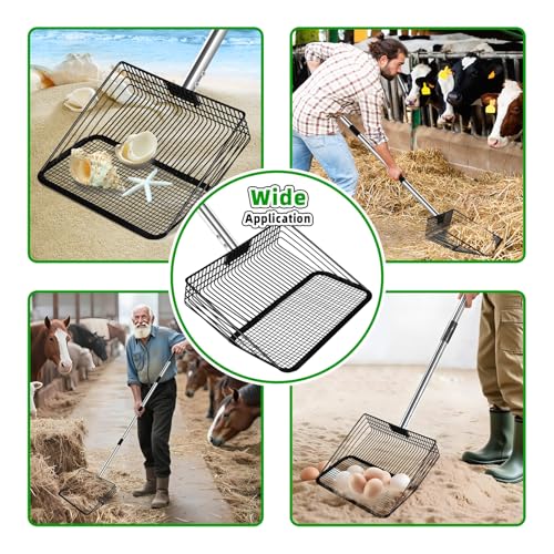 10inch Large Metal Chicken Poop Scooper & Chicken Coop Scoop, 3-Level Adjustable Chicken Coop Scooper for Sand with Stainless Steel Handle, 4-in-1 Multi-Function Heavy Duty Manure Screening Shovel