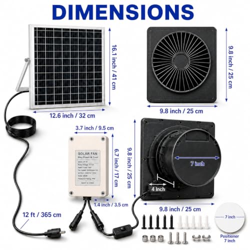 Solar Fan for Chicken Coop,25w Panel Powered +Rechargeable Battery | 8-inch Waterproof Solar Exhaust Fan Kit for Outside Greenhouse,Shed,Attic,Barn & Dog House，2600RPM ,430CFM