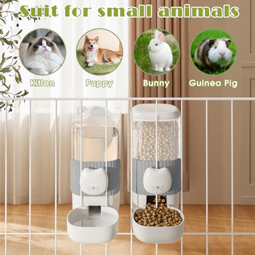 34oz Hanging Automatic Cat Food and Water Dispenser, 1L Auto Gravity Pet Feeder Set, Cage Cat Dog Feeder for Kitten Puppy Bunny Guinea Pig (Gray)