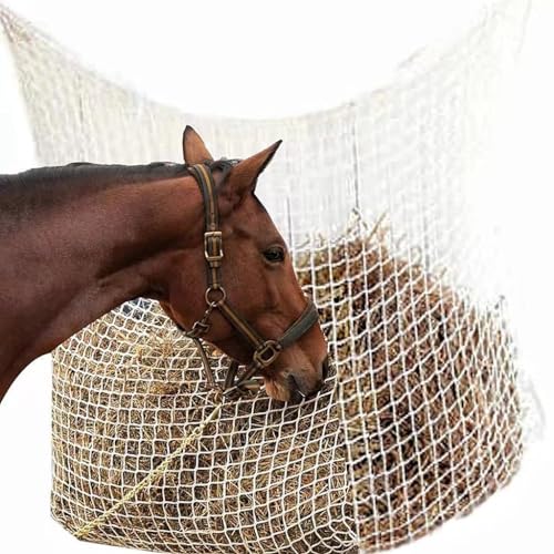 2 Pieces, White, Slow hay net for Horse Hay Feeder mesh hay Bag Goat stall Trailer Horse Feed (35 x 31 inch)