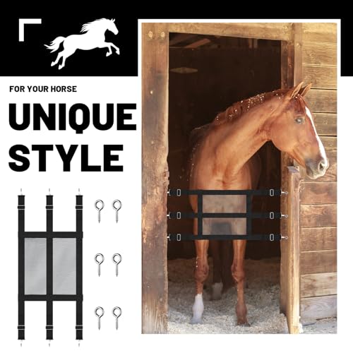 Stall Guards for Horses 57 x 18 Inch Adjustable Nylon Mesh Gate with 6 Snap Hooks and Screw Eye Hardware Black Barn Door Barrier for Stable Entry Portable Equine Stall Opening Access Divider