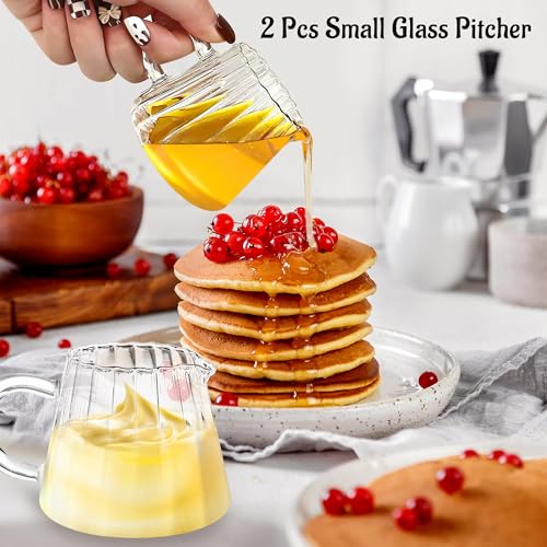 Loscarol 2 Pcs Small Glass Pitcher - Elegant Wave Shaped Creamer Pitcher | for Coffee, Milk, Tea, 6 oz Milk Frothing Cup Creamer Jug for Kitchen