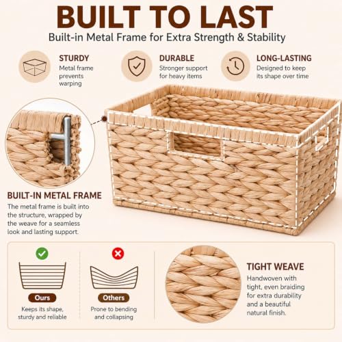 Wicker Storage Basket for Organizing, Handwoven Water Hyacinth Basket with Metal Frame & 3 Handles, 16.5"L x 13"W x 7.5"H