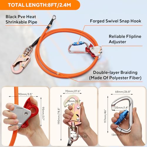8ft Steel Wire Core Flipline, 3300Lbs Arborist Positioning Lanyard Kit | 1/2" FlipLine Tree Climbing Gear with Triple Lock Carabiner, Steel Swivel Snap & Rope Grab for Tree Climbing Fall Protection - size: 1/2’’ x 8 ft