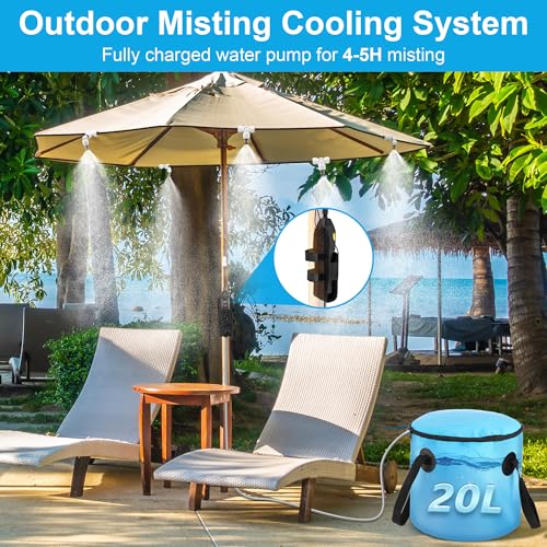 23ft Portable Misters for Outside, Outdoor Water Cooling Misters with Pump | 20L Portable Misting System With 6 Mist Nozzles for Outdoor Patios, Golf Carts, Greenhouses, Canopy, Decks, Camping, Hiking