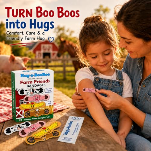 Farm Friends Hugging Farm Animal Adhesive Bandages from Hug-a-BooBoo, The Amazing Bandages that Hug! Super Fun Hugging Cow, Horse, Pig and Chicken! 24 Ct Box - size: 24ct, style: Farm Friends