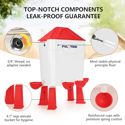 3 Gallon Automatic Chicken Waterer, Hands-Free Hydration | Float-Controlled Chicken Watering System, Stay-Clean Automatic Cups, Fits 3/4'' Faucet & Hose Directly, Standing/Hanging Use