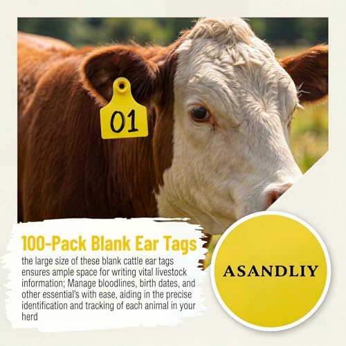 Blank Livestock Ear Tags 100 Pack for Cattle, Cow, Pig, Goat, Sheep - Durable Large TPU Plastic Animal ID Identification Labels for Farm Management & Ranch - Yellow 5x4cm (2x1.6 inches) - color: Yellow