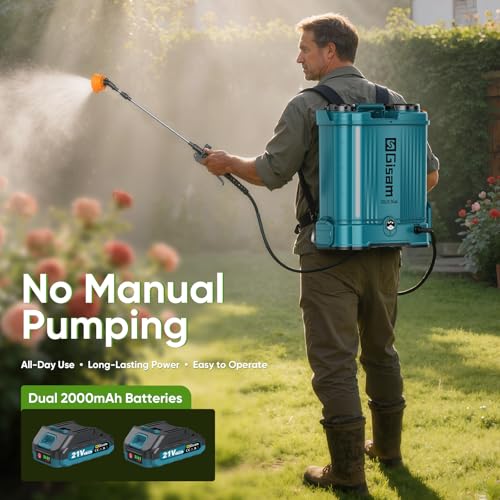 5.3 Gallon Battery Powered Backpack Sprayer,21V 2 Batteries Garden Sprayer | 120PSI Leak-Proof Electric Backpack Sprayer,2 Spray Wands, 5 Nozzles Powerful Weed Sprayer for Lawn,Garden,Yard,Pest Control