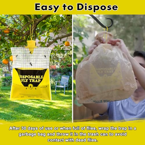 Outdoor Fly Traps for Patio - 4 Large Pre-Baited Flies Bags Disposable | Hanging Fly Catcher Killer Repellent with 4*50g Bait for Stable Horse Barn & Farm | Easy to use | Durable | Effective - size: 4 pack