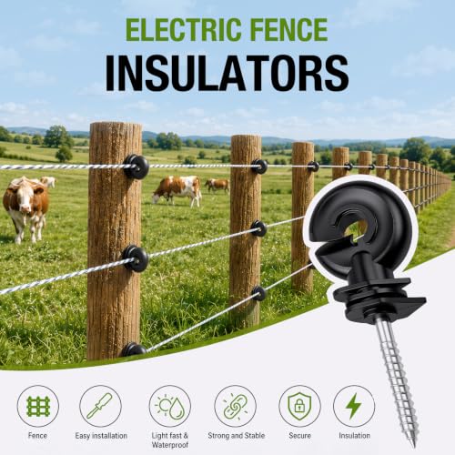 Electric Fence Insulators 50Pcs, Self-Tapping Screw-in Ring Insulators for Wood Posts, PP+PE Composite Material Fits 8-30 Gauge Wire/Tape/Rope, Heavy Duty Ranch Fencing Kit