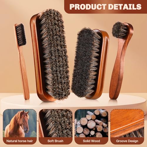 4 Pcs Horsehair Shine Shoes Brush Kit Polish Dauber Applicators Cleaning Leather Shoes Boots Care Brushes Suede Cleaner Brush with Microfiber Shoe Cloth(Brown Style A) - style: Brown Style A