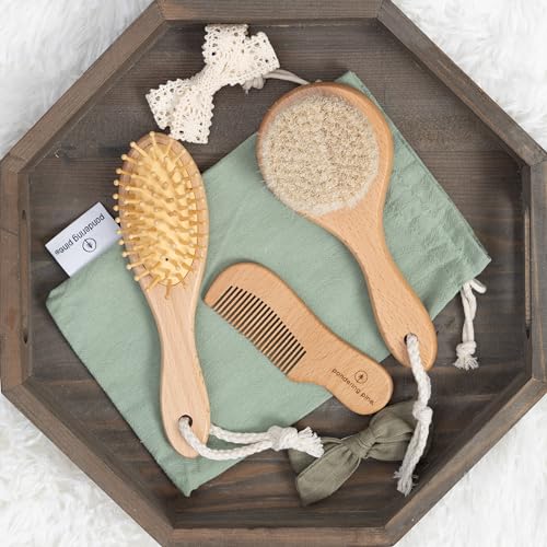 Natural Baby Hair Brush Set with Boho Bag - Goat Hair Cradle Cap Brush, Toddler Brush and Comb - Scalp Grooming Baby Hairbrush for Newborn and Infant, Wooden Brushes for Boys and Girls - color: Sage