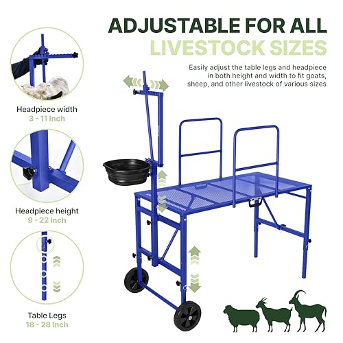 Goat Stand with Adjustable Headpiece & Legs, Goat Milking Stand with Feeder, Rails & Wheels, Stanchion for Grooming & Hoof Trimming, Sheep Stand for Shearing Heavy-Duty Steel Platform, Blue - color: BLUE