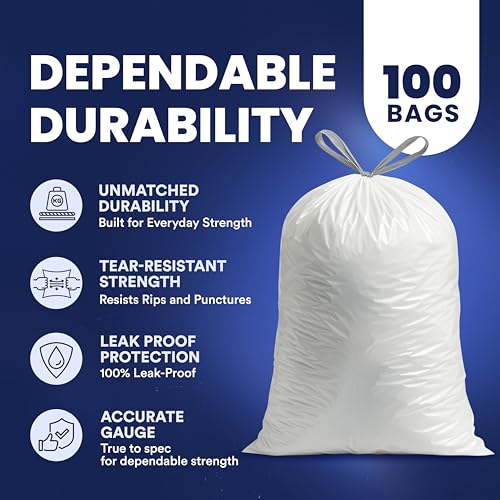 Plasticplace 8 Gallon Trash Bags: Premium White Drawstring Garbage Bag, 0.7 Mil Thickness, Durable Trash Can Liners, Garbage Bags for your Trash Can, Ring Size 22" x 22" (Pack of 100) - size: 100 Count (Pack of 1)