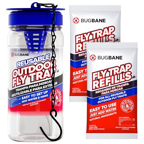 Fly Trap Outdoor Fly Traps for Patio with 2 Non-Toxic Dissolvable Bait Refills. Reusable Hanging Bug Catcher Killer for All Filth Flies for Outside Bug Control Yard Ranch. Hanging Chains Included. - style: 1pack