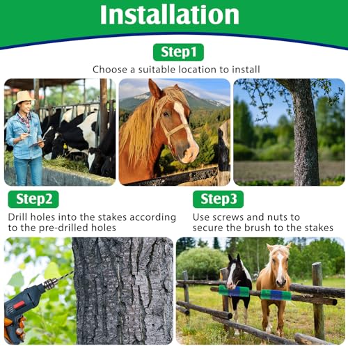3 Pack Livestock Scratching Brush, Blue and Green | Animal Scratcher, Itch Relief Grooming, Horse Goat Cow Scratcher, Fence Post Mounting, Durable Bristles, Farm Livestock Care - color: Blue and Green