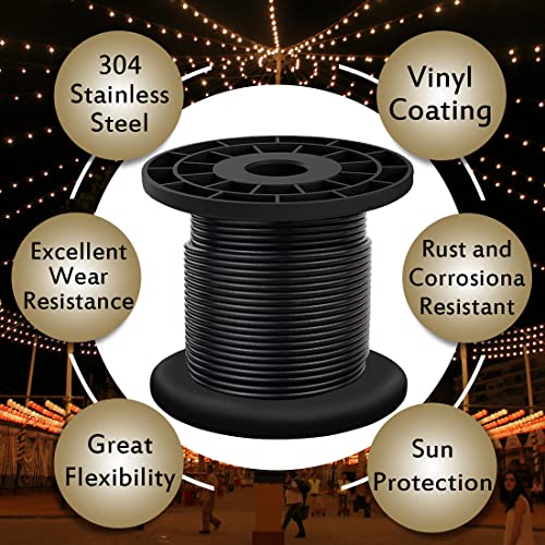 304 Stainless Steel Wire Rope Cable 3/32, Black Vinyl Coated - Outdoor Light Guide Wire for String Lights, Clotheslines - 1/16 Inch Overmolded to 3/32 Inch, 100ft - size: 100FT