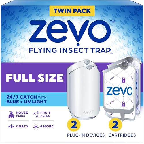 Zevo Flying Insect Trap for Fruit Flies & Gnats, 2 Bases & 2 Refills | Fly Trap Catches House Flies, Gnats & Fruit Flies 24/7, Spray-Free, Odor-Free, Blue & UV Light, Safe for Kids & Pets* - style: 2 Devices & 2 Cartridges