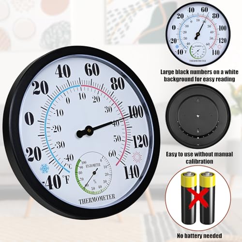 10 Inch Indoor Outdoor Thermometer Hygrometer Combo | Large Dial Analog Temperature Humidity Gauge, Wall Mount Weather Thermometer for Home Patio Greenhouse Garage Room - color: Black