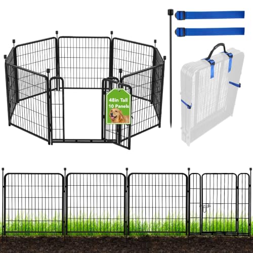 ADAVIN Tall Garden Fence, 48 in(H) 10 Panels Heavy Duty Iron Metal Animal Barrier Fence, Indoor or Outdoor Dog Playpen, Temporary Fence, No Dig Garden Border Fencing for Yard, Total 22.1 FT(L),Black - size: 10panels-48in(H)×22.1ft(L)