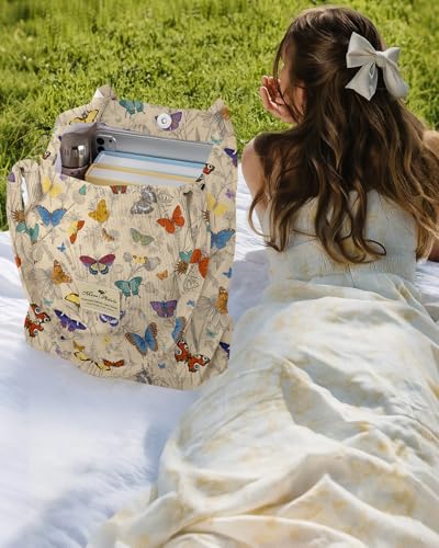 Miss Adola Corduroy Tote Bag for Women with Aesthetic Design | Magnetic Buckle & Pocket, Reusable, Soft, Roomy, Long Shoulder Handles, Double-sided Print, Casual Daily Work, Grocery Bags - color: Butterfly Line Flower, size: Large