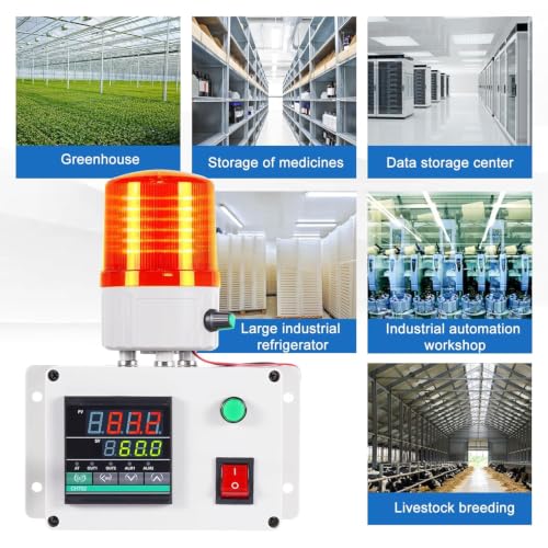 JIAWANSHUN High Precision Industrial Temperature Alarm, -326.2°F-1202°F ±0.18°F, Dual Limit Alarm with Self-Calibration, Audio Visual Alert for Hatchery, Greenhouse, Farm & Fish Pond