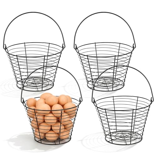 4 Pcs 8" Black Round Wire Egg Basket for Gathering Fresh Eggs Metal Egg Collecting Basket with Handle Chicken Eggs Holder Countertop Farmhouse Kitchen Decor Storage