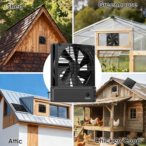 7 Inch Large Airflow Solar Fan with Battery Backup, 12800mAh Batteries IPX7 Waterproof 16.5 Ft On/Off Switch Cable Solar Powered Exhaust Vent Fan for Outside Greenhouse Chicken Coop Shed Trailer - size: 7" Fan Large Kit