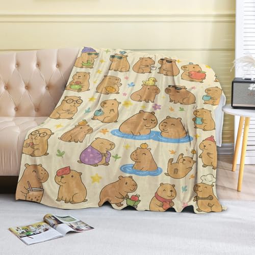 Cute Capybara Fleece Blanket,50x60in, Kawaii Cartoon Capybaras with Tea Fruit Duck Flower on Cream Throw Blankets,Soft Cozy Lightweight, Ideal for Bed Living Room Home Decor,Kids Gifts - color: Capybara, size: 50x60 Inch