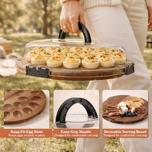 77L Deviled Egg Containers with Lid, 24-Slot Acacia Wood Deviled Egg Tray Platter for Serving and Transporting, Elegant Party & Potluck Serving Board (Black)