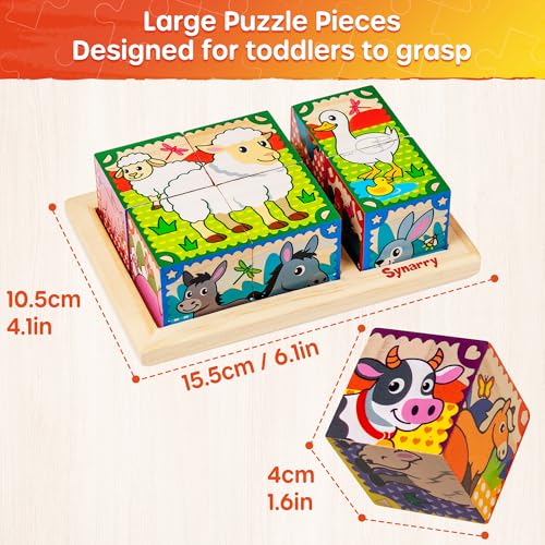 SYNARRY Wooden Puzzles for Toddlers 2-4, Farm Jungle Ocean Animals Puzzles for Kids Ages 3-5, Wooden Cube Puzzle with Storage Tray, Large Block Montessori Toys for 2 3 4 Year Old, Gifts for Kids
