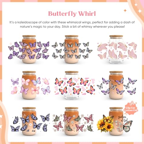 Kaciola 10 Sheets UV DTF Cup Wraps for 16 oz-Butterfly Theme UV DTF Stickers, 1 Sheet Mysterious Pattern Transfer, Rub on Transfers Stickers for 16 oz Libbey Glasses Crafting - style: Butterfly